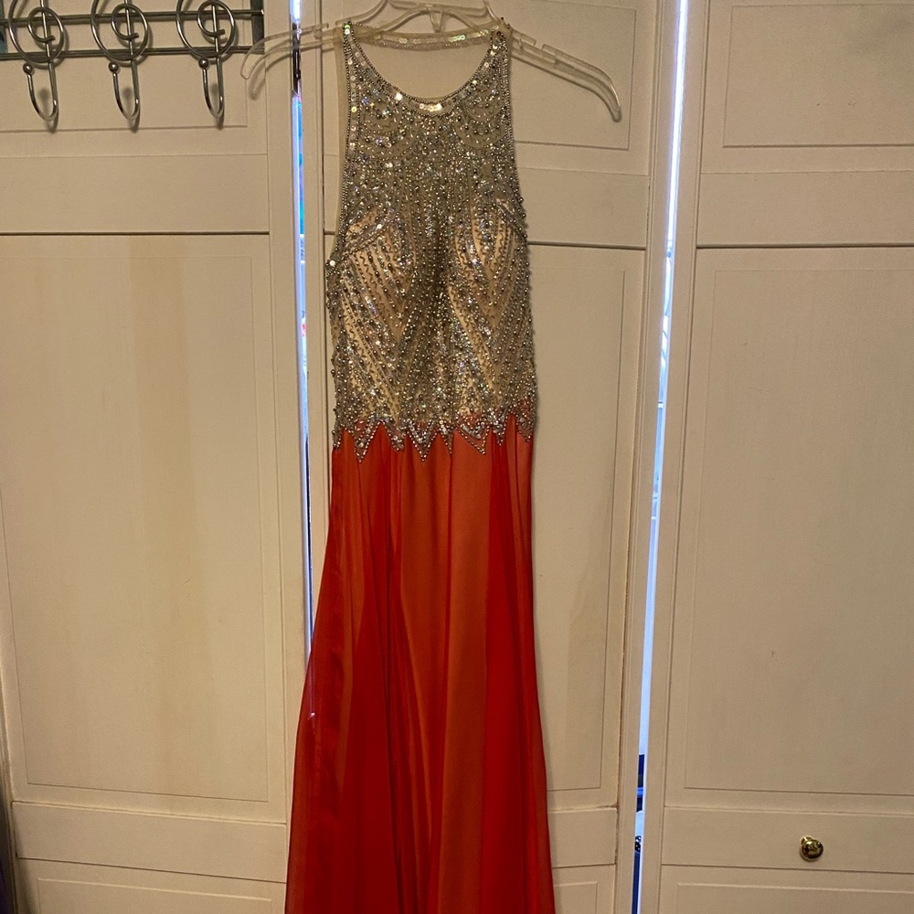 Long Red/Orange sparkle prom dress